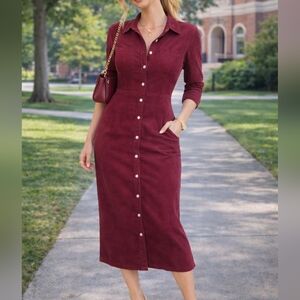 Vintage Corduroy Burgundy Cotton Button-Down Dress Large XL Size 16 Collared